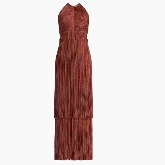 Herve Leger Dresses & Skirts - Hervé Léger Metallic Draped Fringe Halter Gown Met Redwood M BRAND NEW NWT